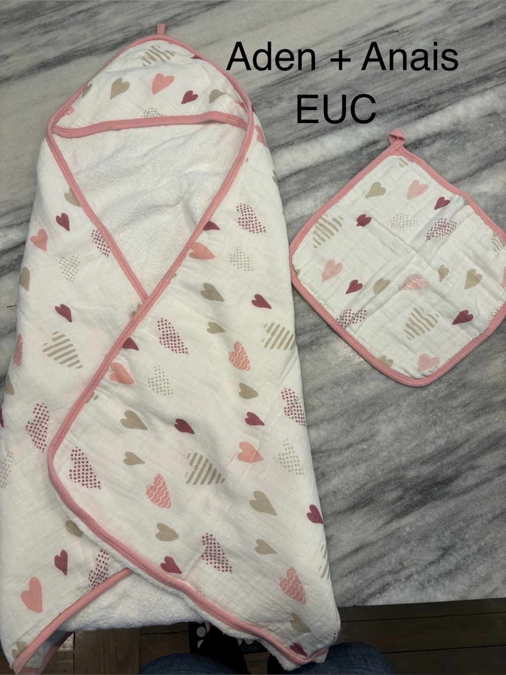 aden + anais Pink & Taupe Heart Hooded Baby Towel with Washcloth